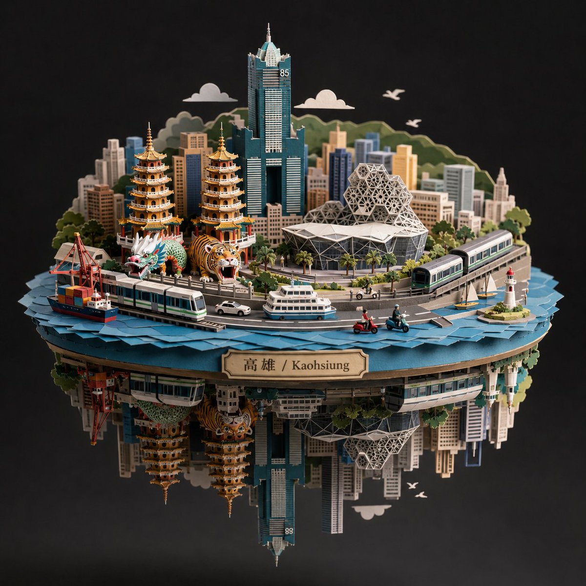 AI Prompt for Spherical Paper City Diorama in Kaohsiung Style