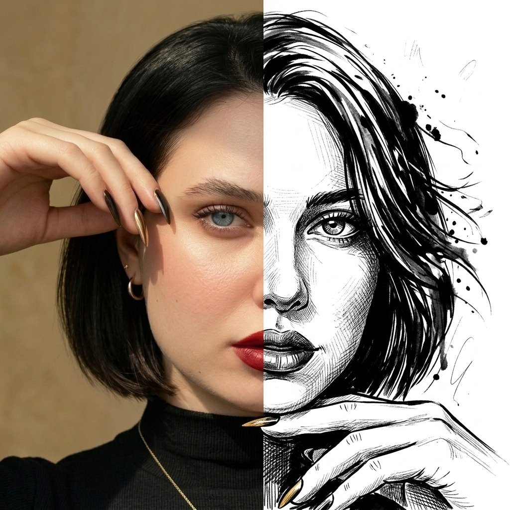 AI Prompt for Split Face Photo and Ink Illustration Art