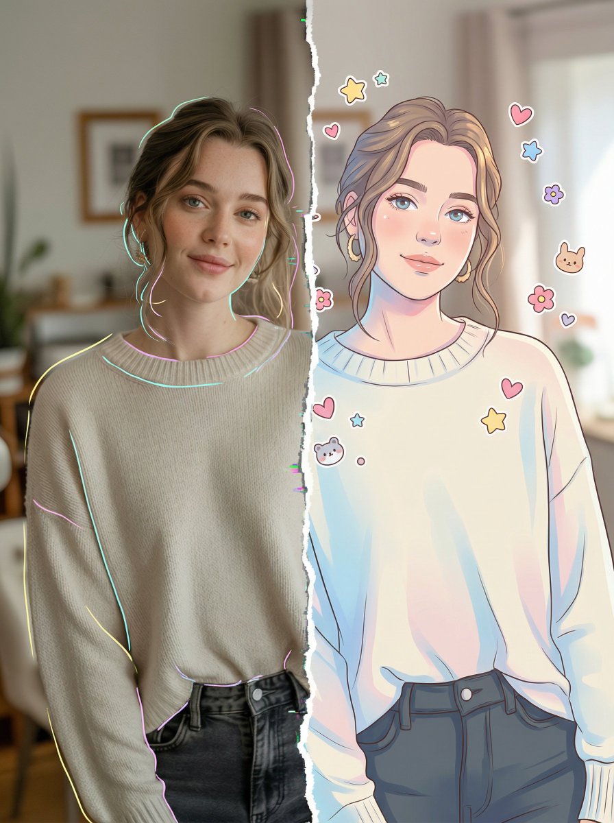 AI Prompt for Split-Style Portraits with Photo and Illustration