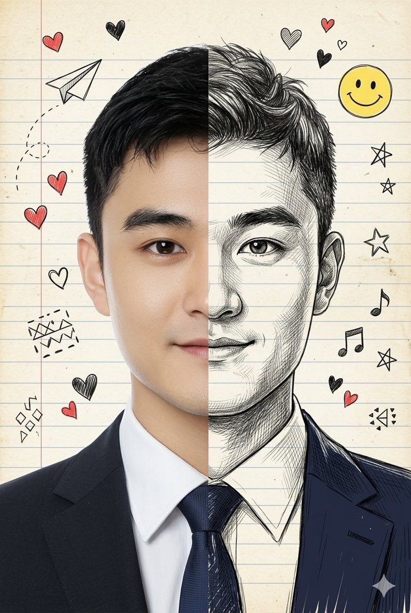 AI Prompt for Split-View Mixed-Media Portrait with Photo and Illustration
