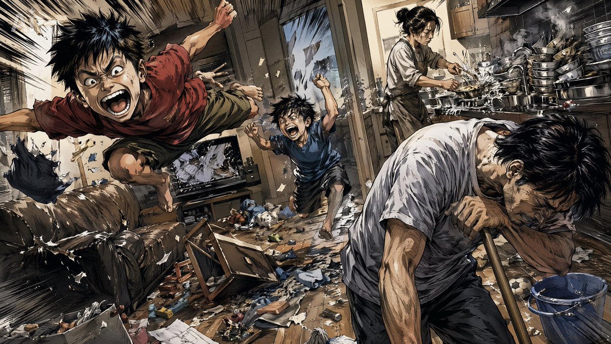 AI Prompt for Stress-Free Family Manga Scene with High-Energy Architectural Design