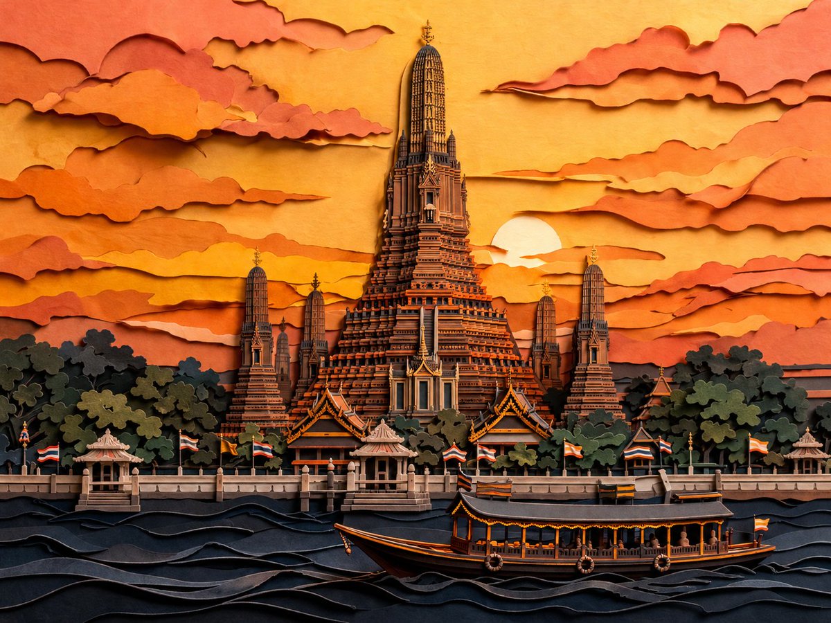 AI Prompt for Stylish Paper-Cut Art of Wat Arun at Sunset