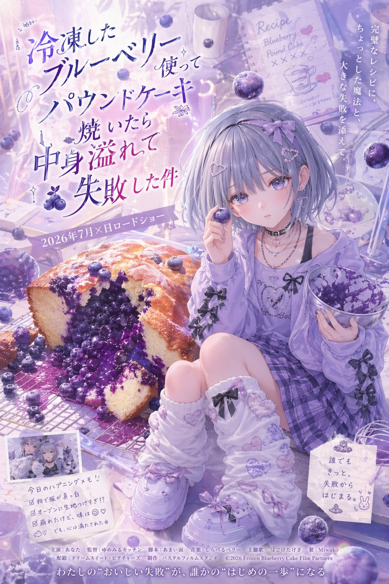 AI Prompt for Stylized Anime Film Posters with Lavender Girls and Blueberry Cakes