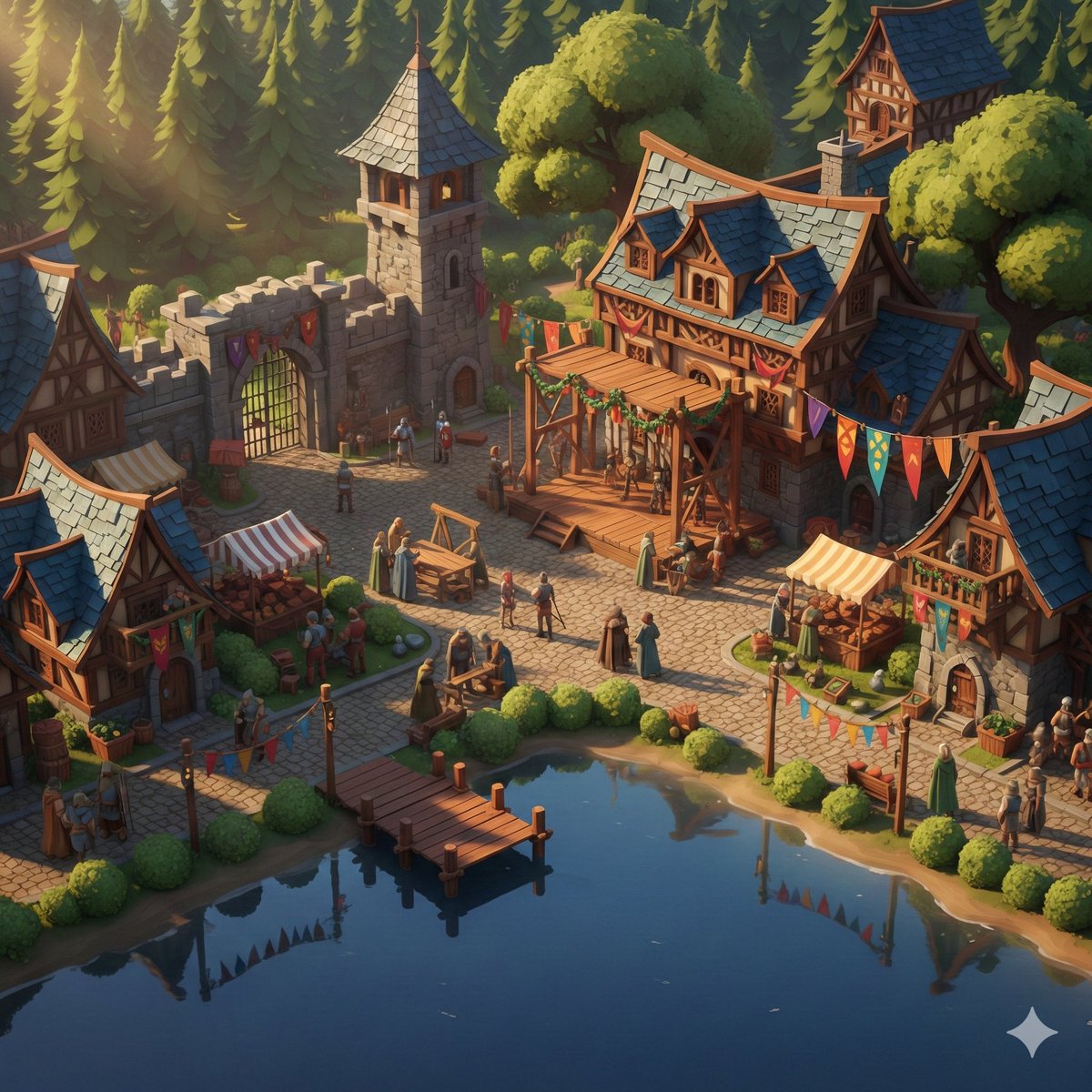 AI Prompt for Stylized Medieval Village Scene: Morning Festival Prep