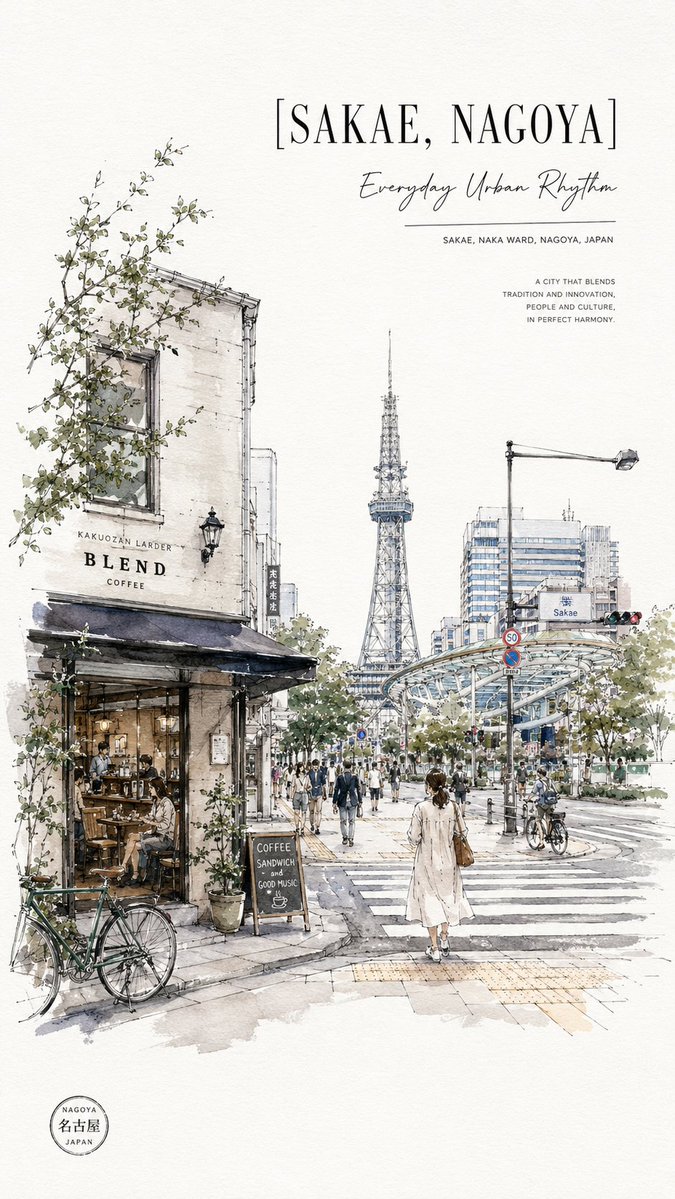 AI Prompt for Stylized Watercolor Nagoya Cityscape Poster