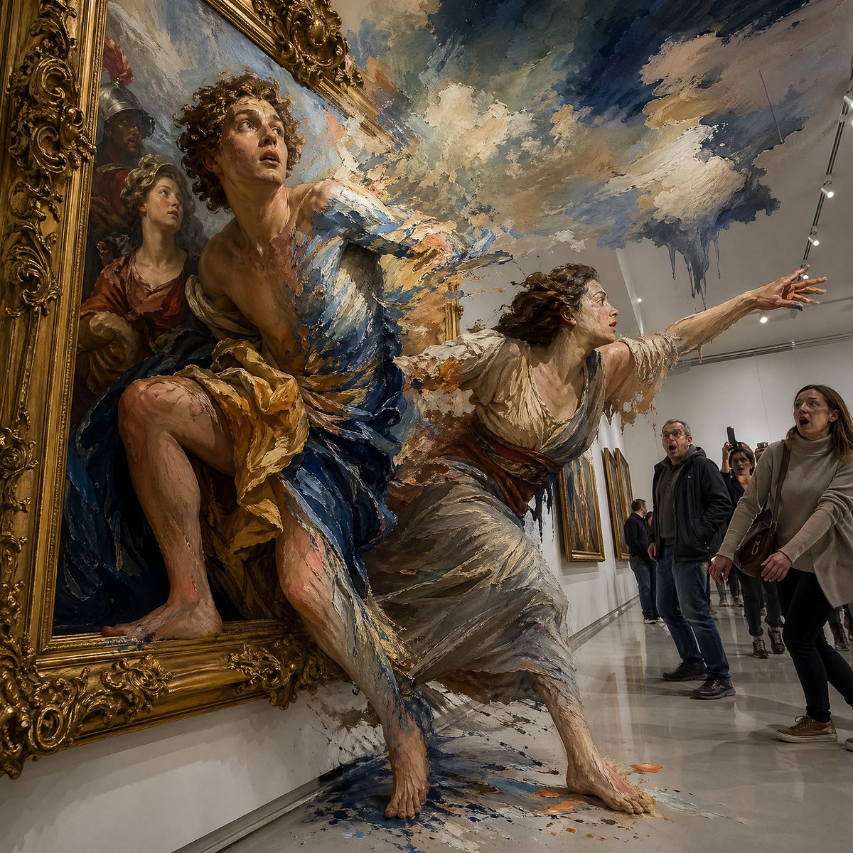 AI Prompt for Surreal Baroque Painting Coming to Life in Modern Gallery
