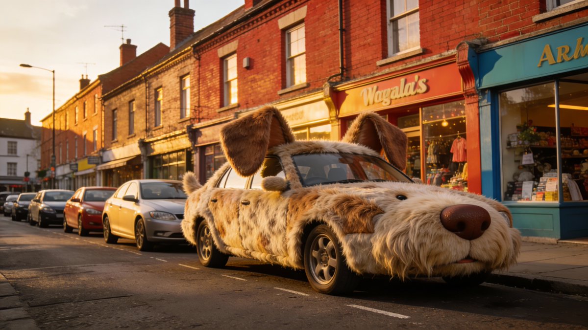 AI Prompt for Surreal Cityscape with Dog Fur Car