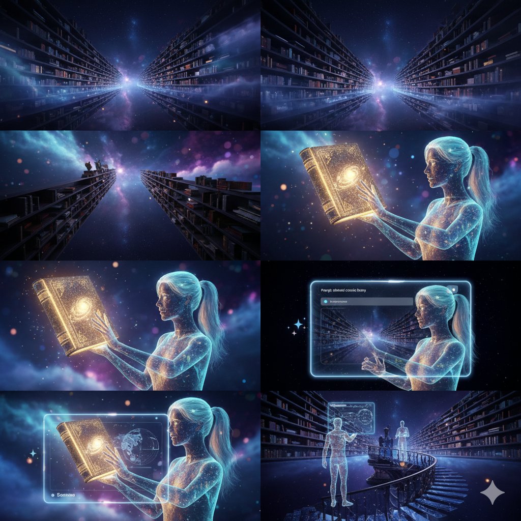 AI Prompt for Surreal Cosmic Library Scene with Glowing Nebulae and Holographic Woman