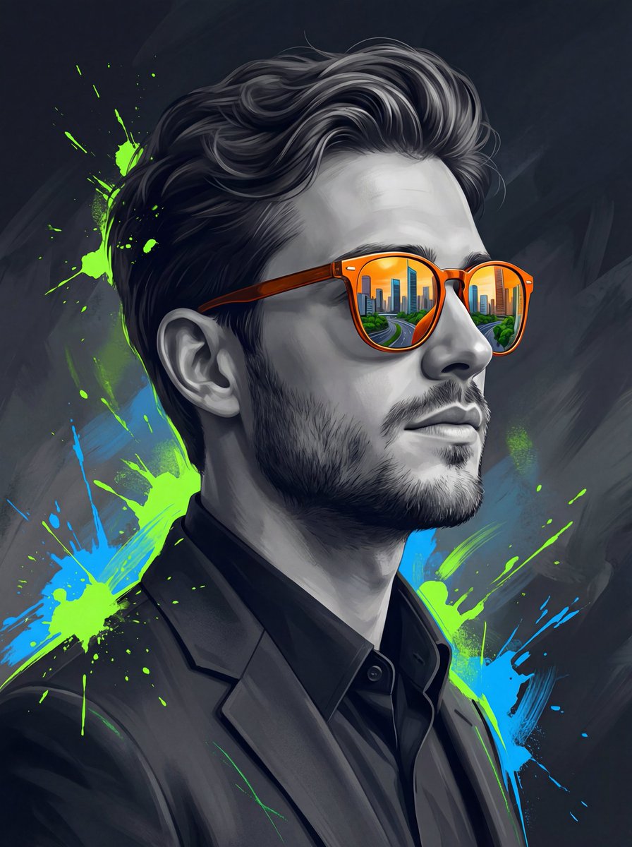 AI Prompt for Surreal Digital Portrait with Cityscape Reflected Sunglasses