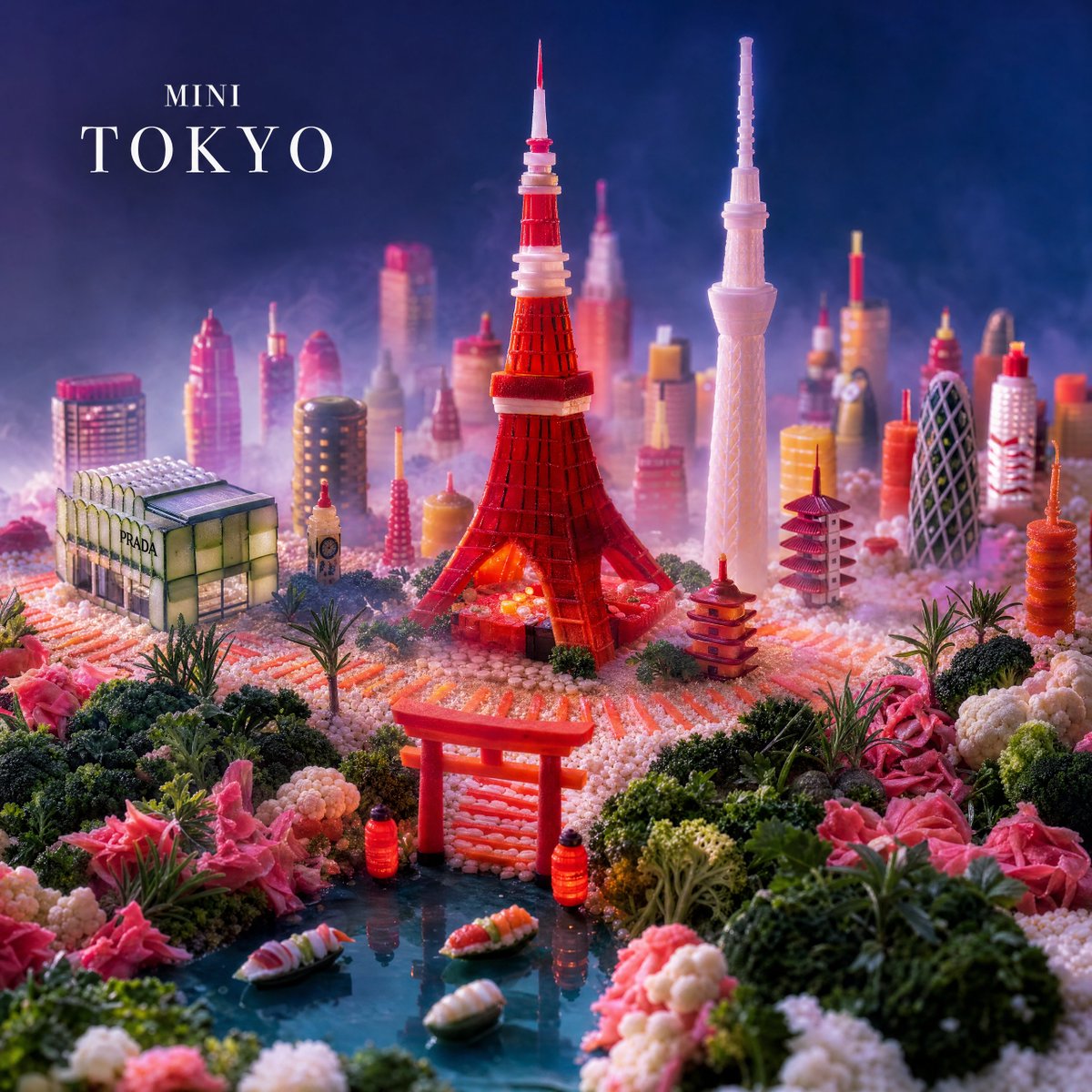 AI Prompt for Surreal Tokyo Food Landscape Generation with Edible Ingredients