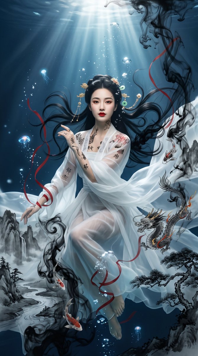 AI Prompt for Surreal Underwater Chinese-Style Portrait with Dragons