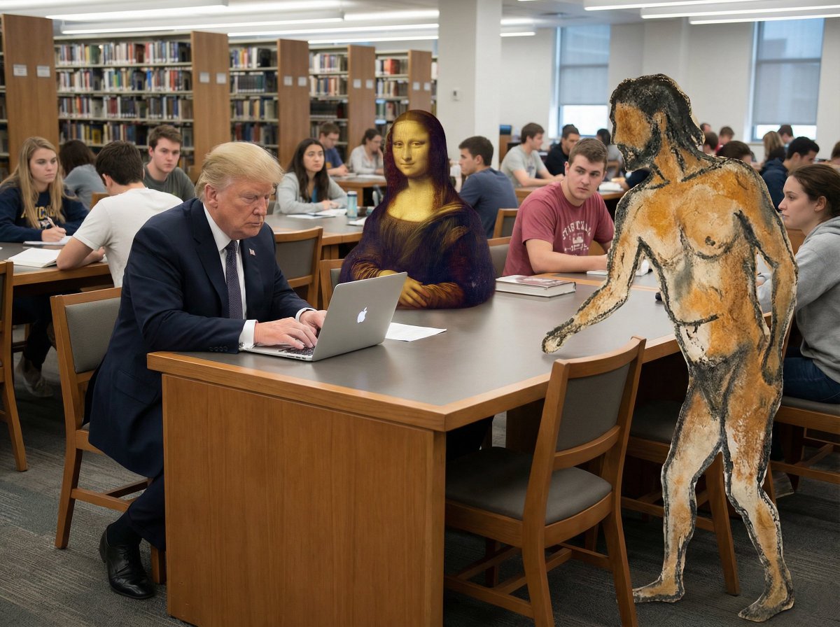 AI Prompt for Surreal University Library Scene with Trump, Mona Lisa, and Cave Art Hunter