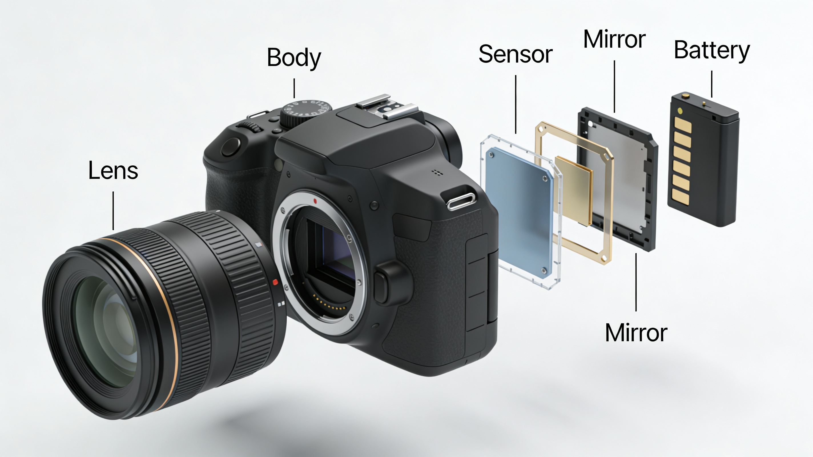 AI Prompt for Technical DSLR Camera Illustration: Exploded View Diagram