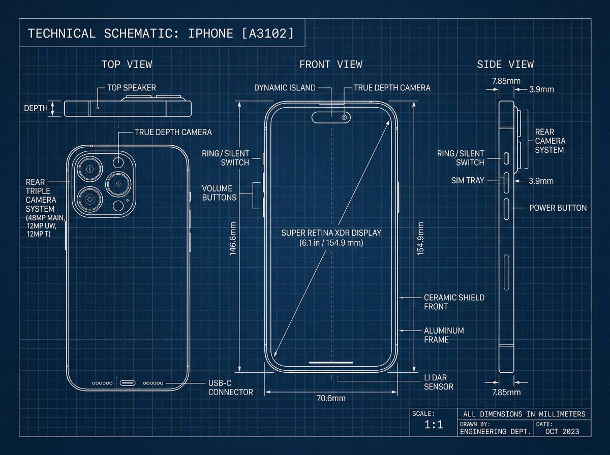 AI Prompt for Technical iPhone Blueprint Drawing with Deep Blue Background