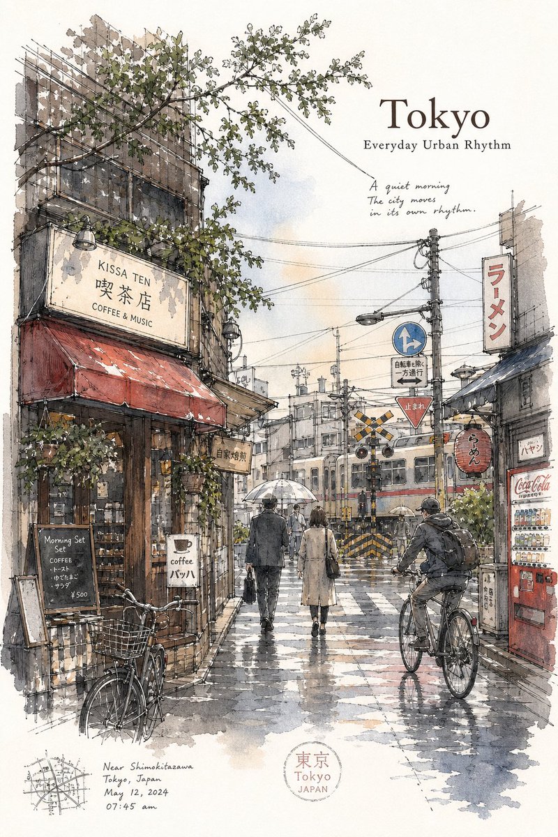 AI Prompt for Tokyo-Inspired Minimalist Urban Sketch Poster with Pen-and-Ink and Watercolor Styles
