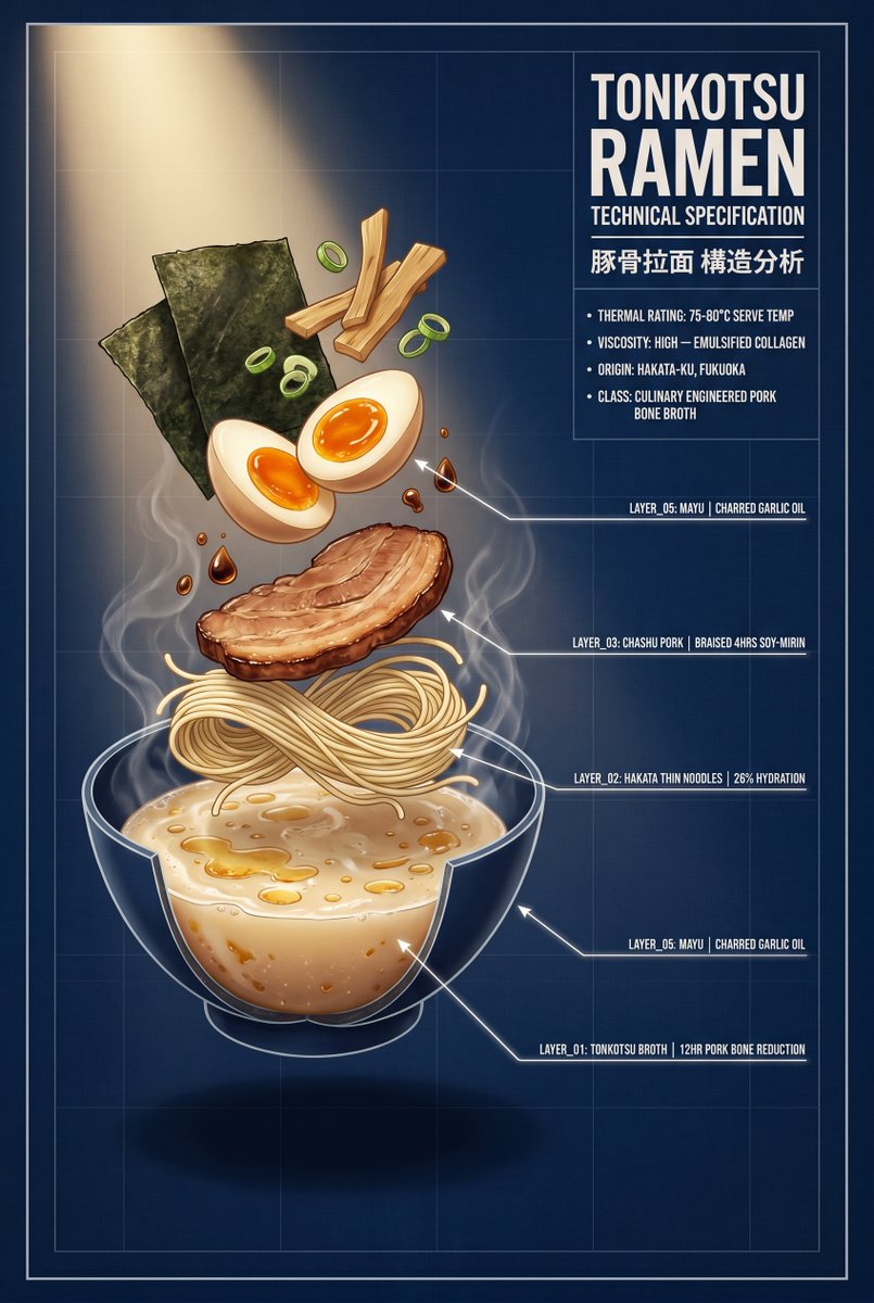 AI Prompt for Tonkotsu Ramen Illustration with Blueprint Annotations