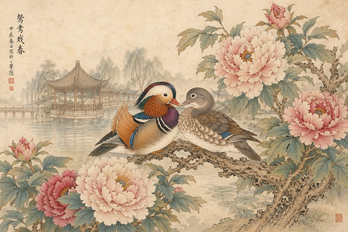 AI Prompt for Traditional Chinese Gongbi-style Artwork with Mandarin Ducks and Peonies