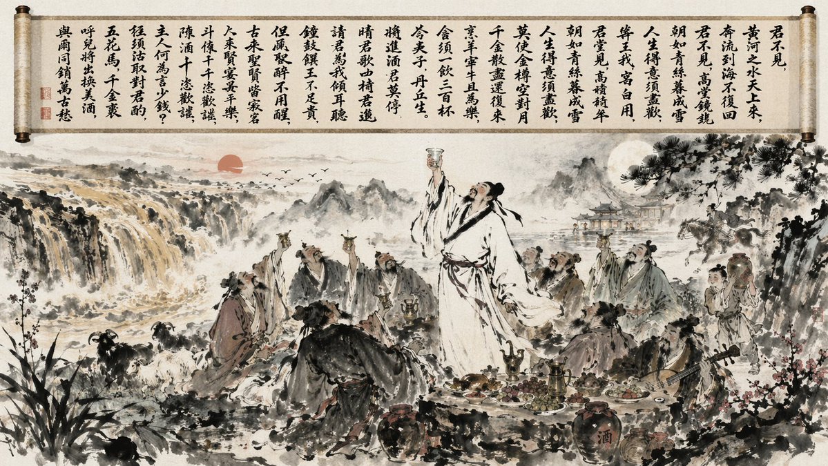 AI Prompt for Traditional Chinese Ink Wash Banquet Art with Calligraphy and Scholars