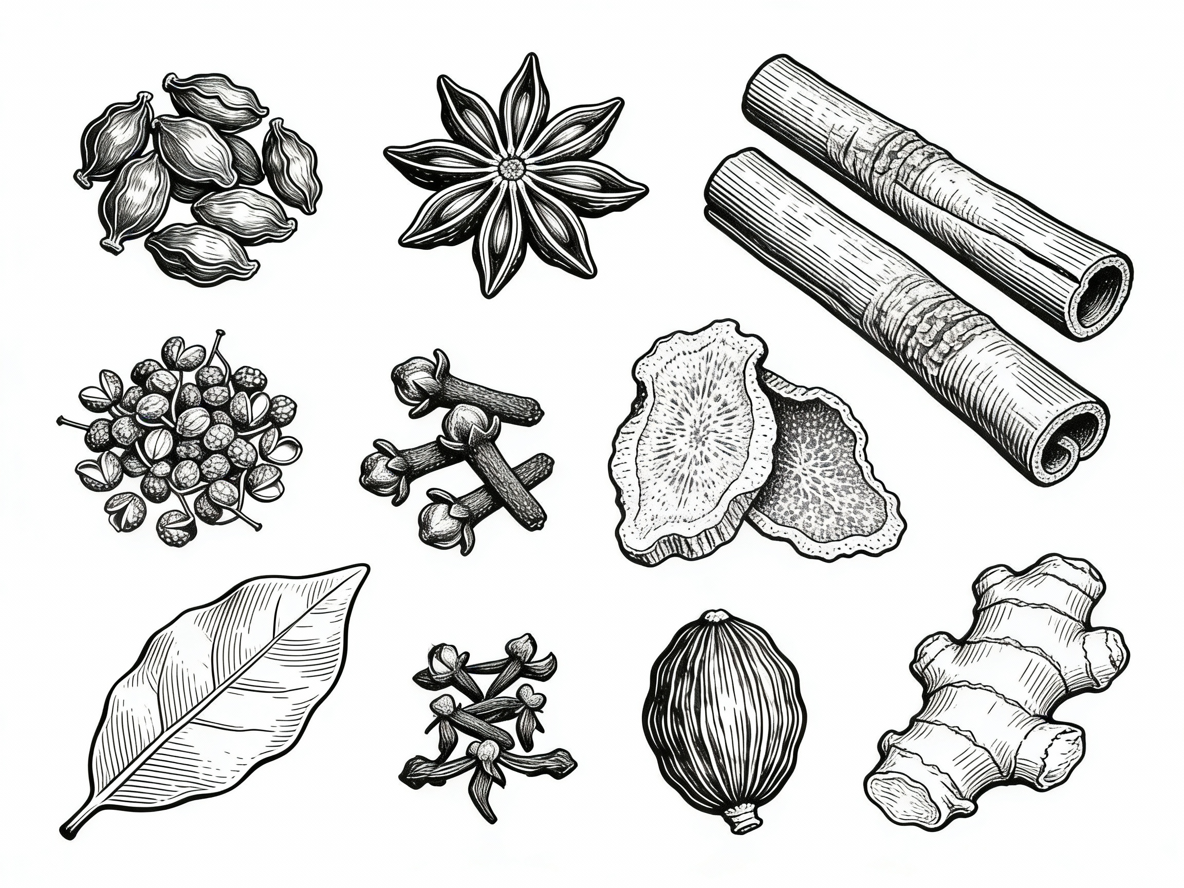 AI Prompt for Traditional Chinese Seasoning Herbs Line Art Illustration