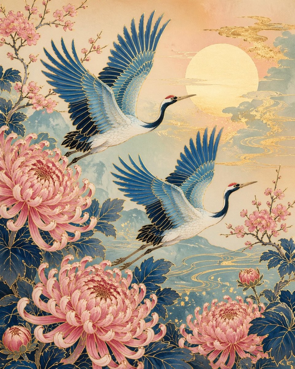AI Prompt for Traditional Japanese-Inspired Crane and Chrysanthemum Illustration