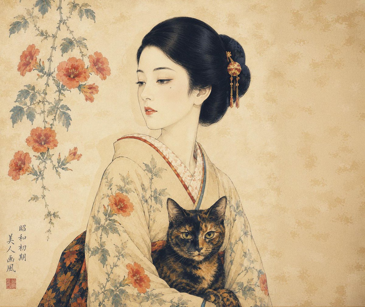 AI Prompt for Traditional Japanese-Style Illustration of a Woman with Floral Accents and a Cat