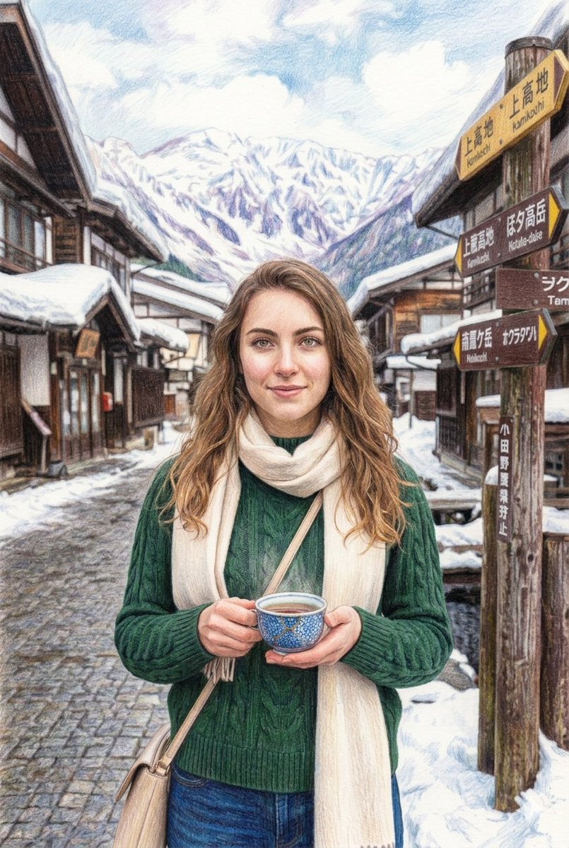 AI Prompt for Traditional Japanese Village Scene with Woman in Winter