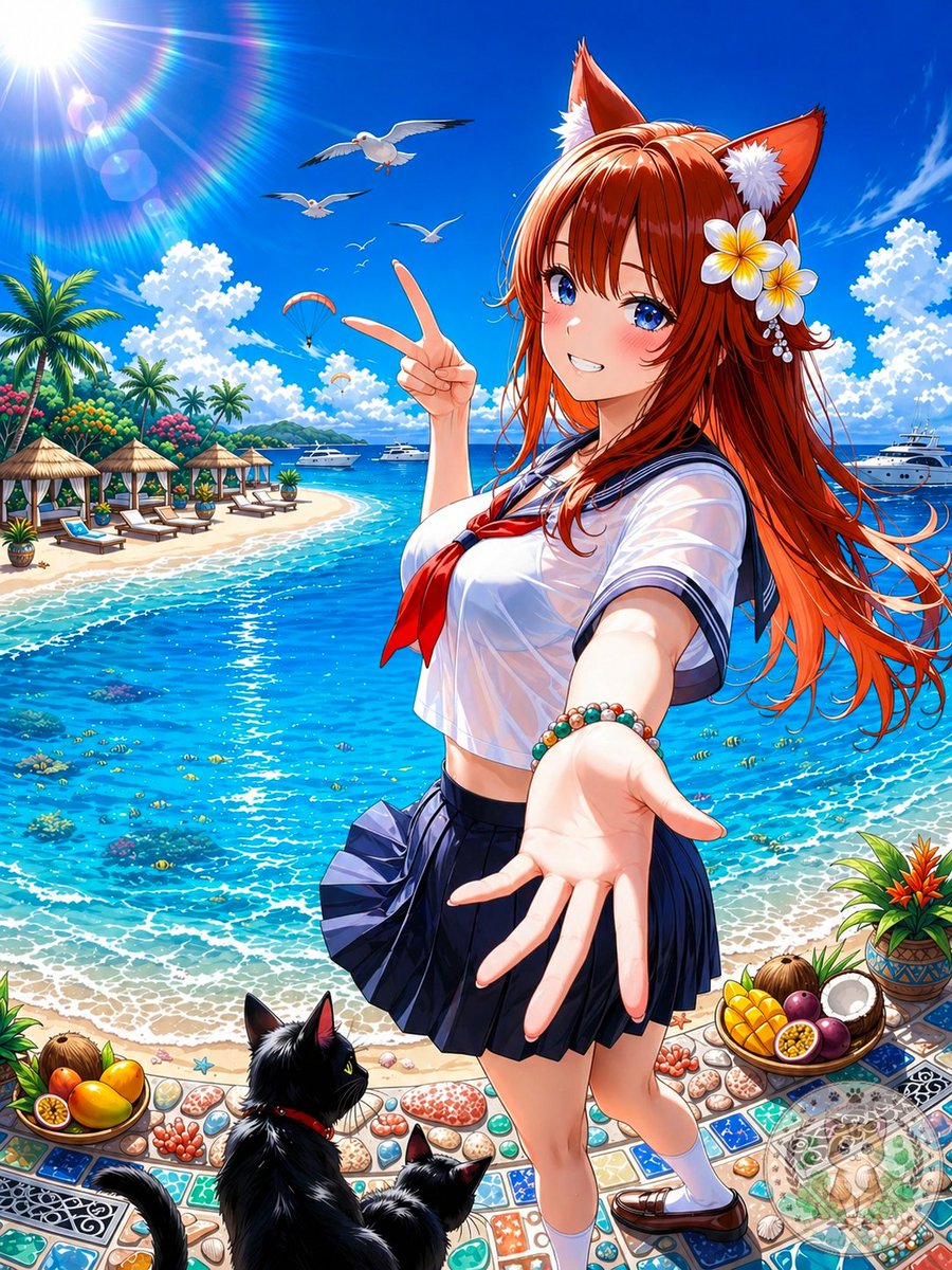 AI Prompt for Tropical Anime Beach Scene with Fox Girl