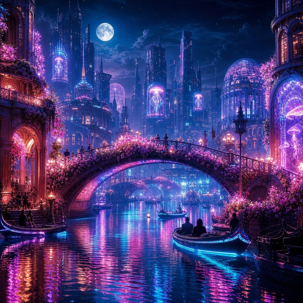 AI Prompt for Vast Cyberpunk Cityscape Include Buildings, Bridges, and Canals