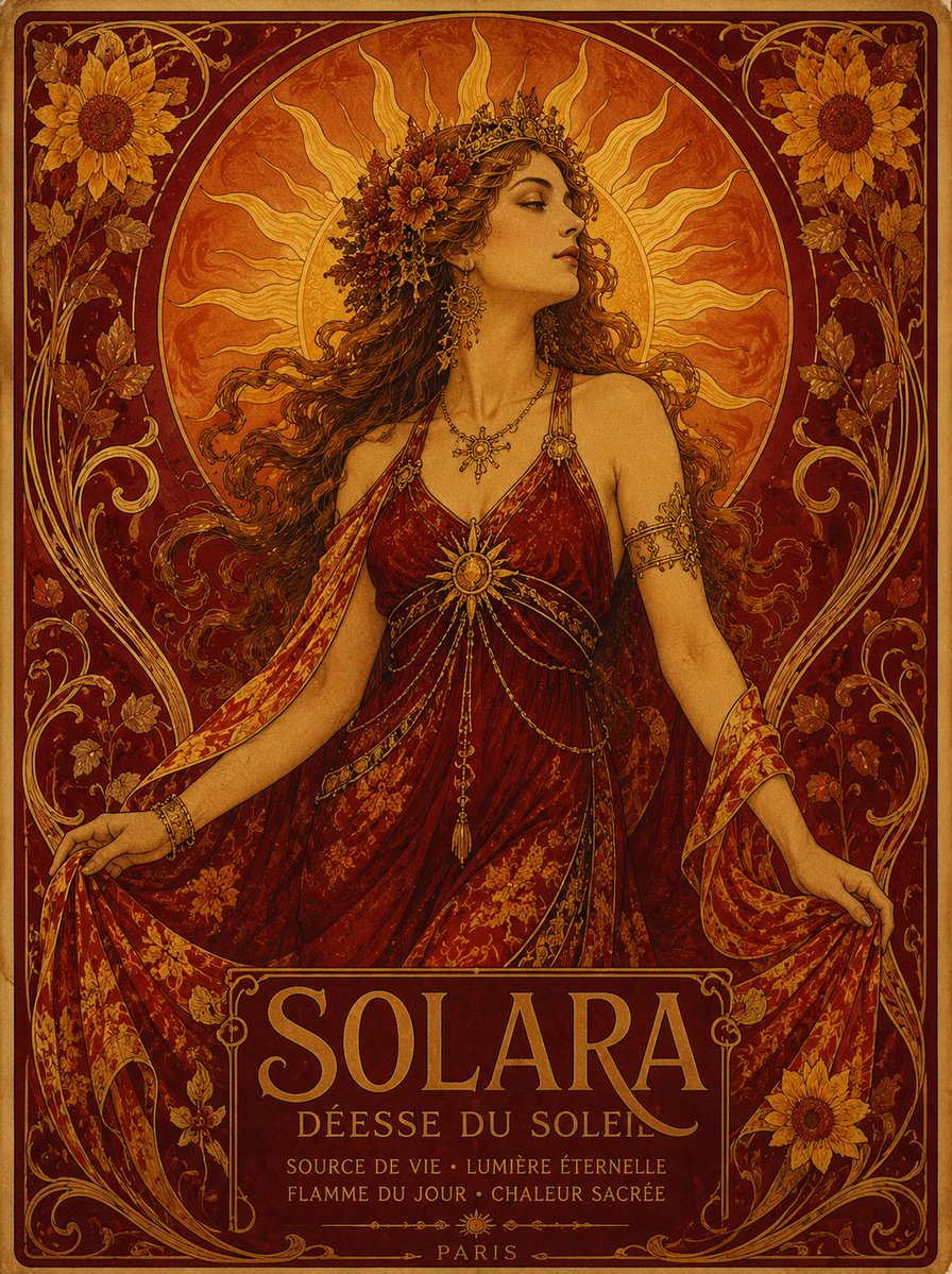 AI Prompt for Vintage Art Nouveau Sun Goddess Poster with Gold Typography