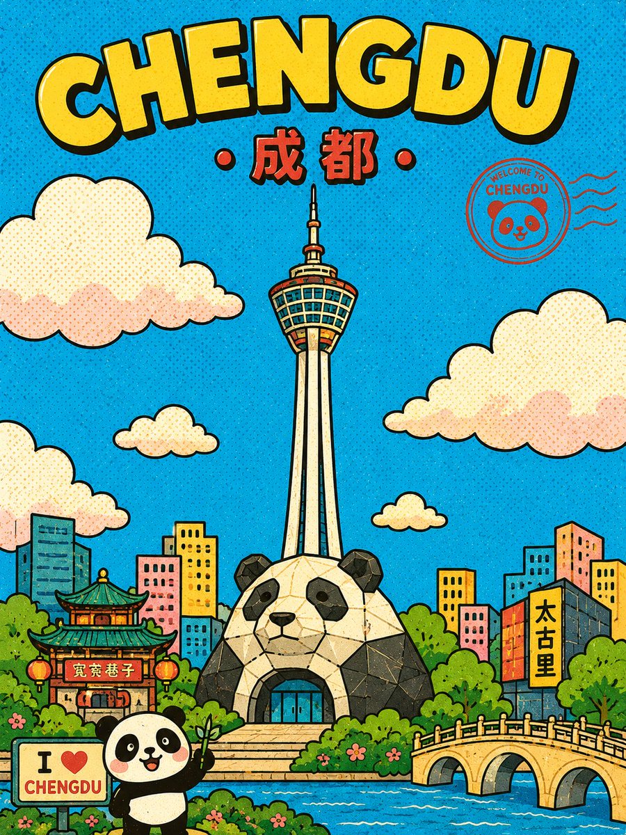 AI Prompt for Vintage Comic-Style City Illustration with Pandas and Landmarks