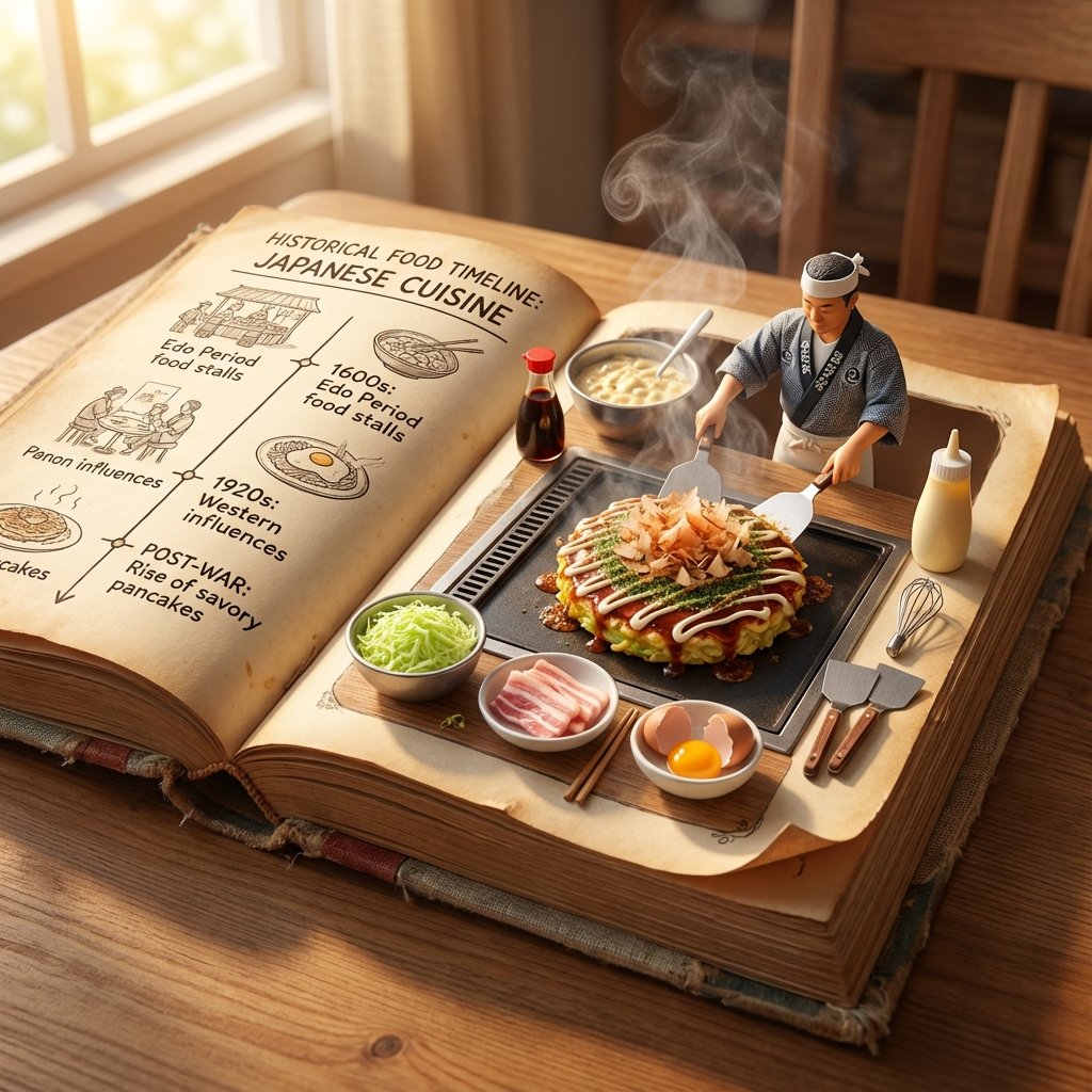 AI Prompt for Vintage Cookbook-Style 3D Food Scene with Okonomiyaki