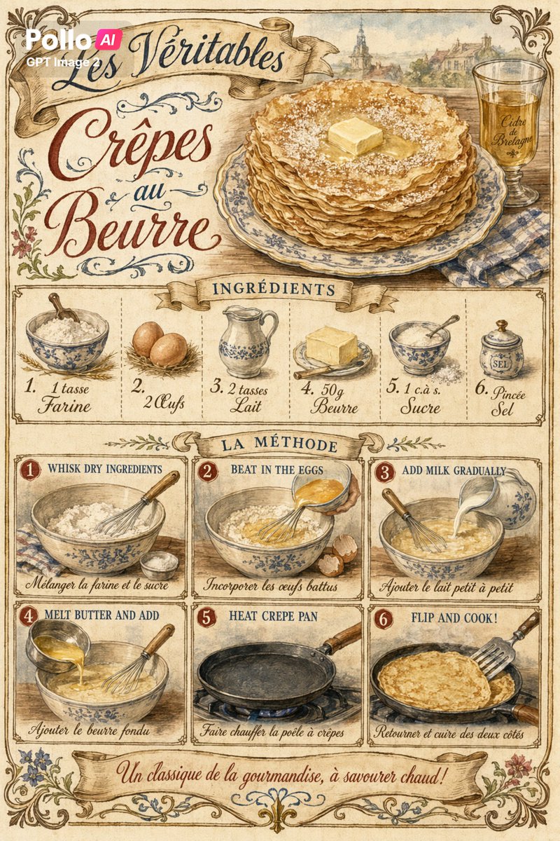 AI Prompt for Vintage French Crepe Recipe Illustrated Poster Design