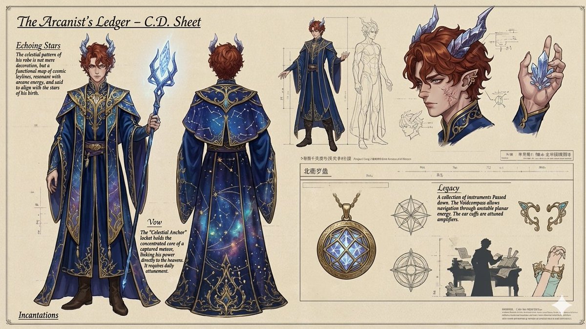 AI Prompt for Vintage Mage Character Sheet with Crystalline Horns