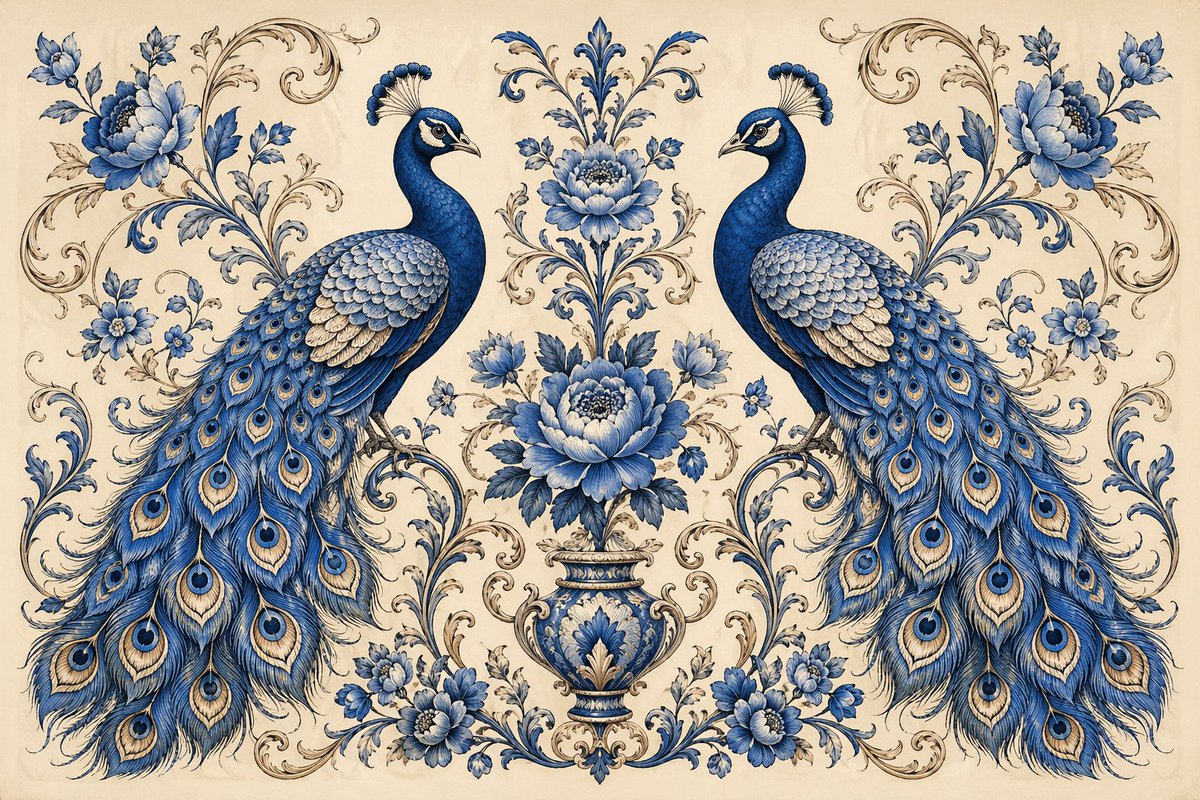 AI Prompt for Vintage Peacock Botanical Illustrations with Symmetrical Designs
