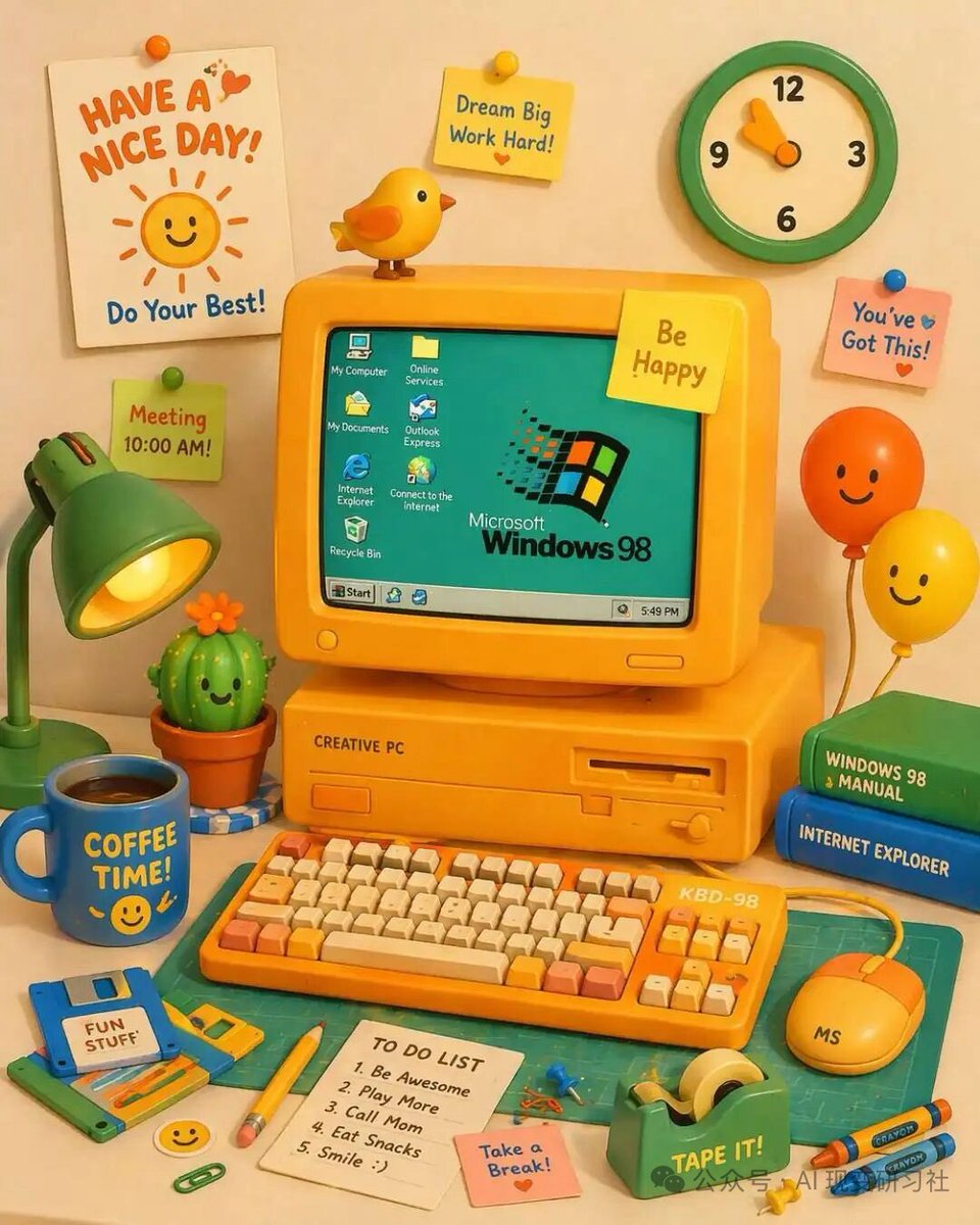 AI Prompt for Vintage Retro 3D Computer Desk Scene with Customizable Text Elements