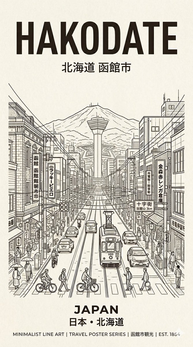 AI Prompt for Vintage-Style Hakodate Travel Poster with Japanese Typography