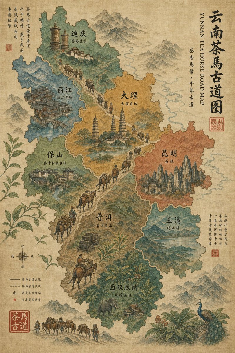 AI Prompt for Vintage-Style Yunnan Tea Horse Road Illustration