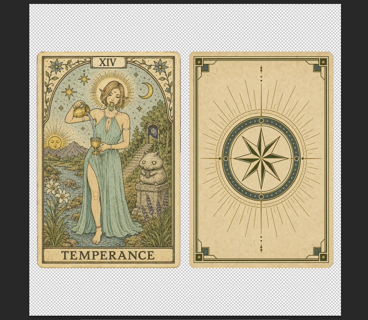 AI Prompt for Vintage Temperance Tarot Card (Front & Back) - Generate Custom Tarot Deck Art