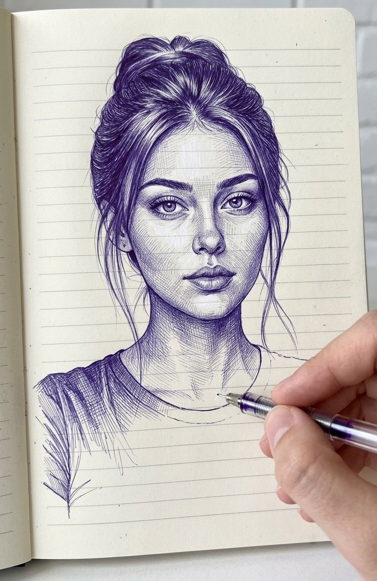 AI Prompt for Violet and White Ink Sketch Transformations on Textured Notebook
