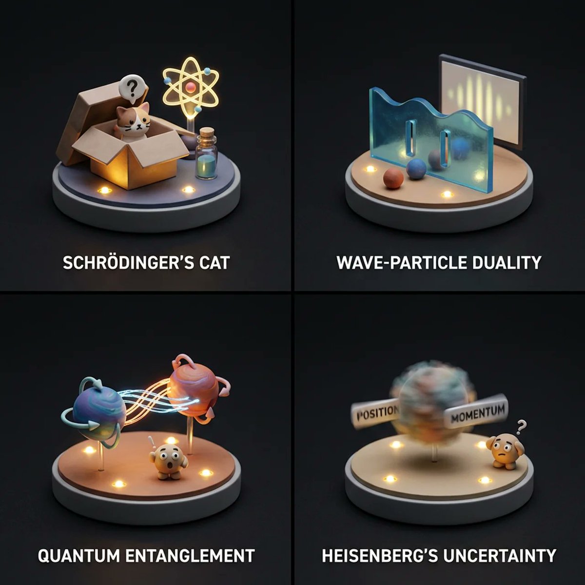 AI Prompt for Visualizing Quantum Mechanics with Diorama Style: Infographics and Abstract 3D Renders