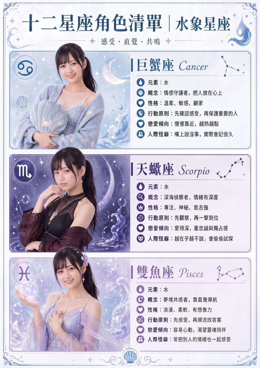 AI Prompt for Water Signs Zodiac Character Poster