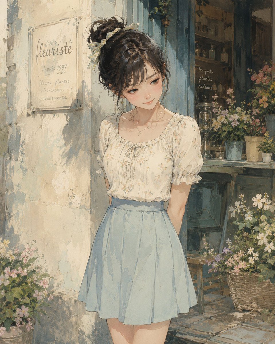 AI Prompt for Watercolor Anime Portrait of a Young Woman outside a French Florist
