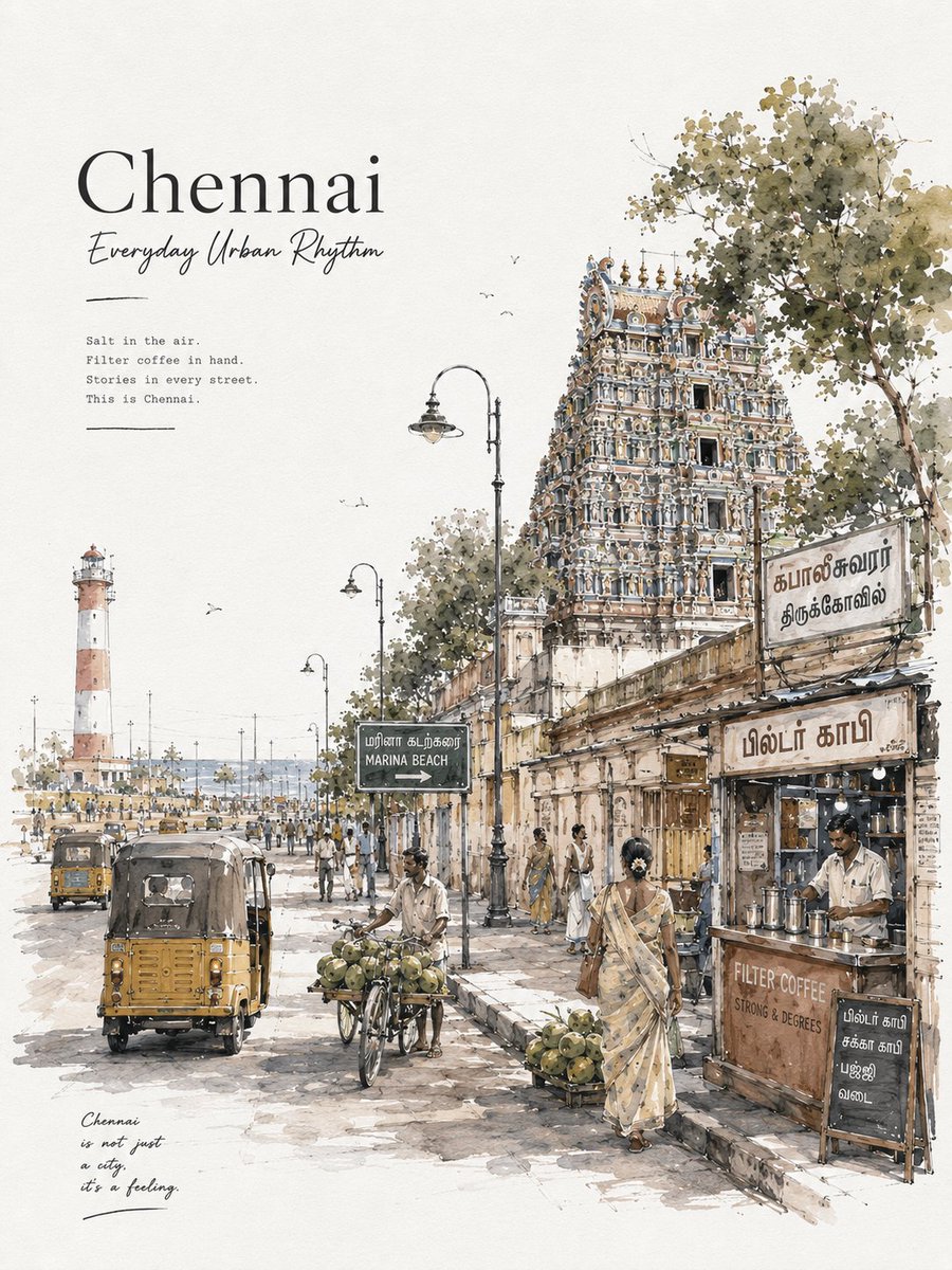 AI Prompt for Watercolor Chennai Street Scene Poster Art