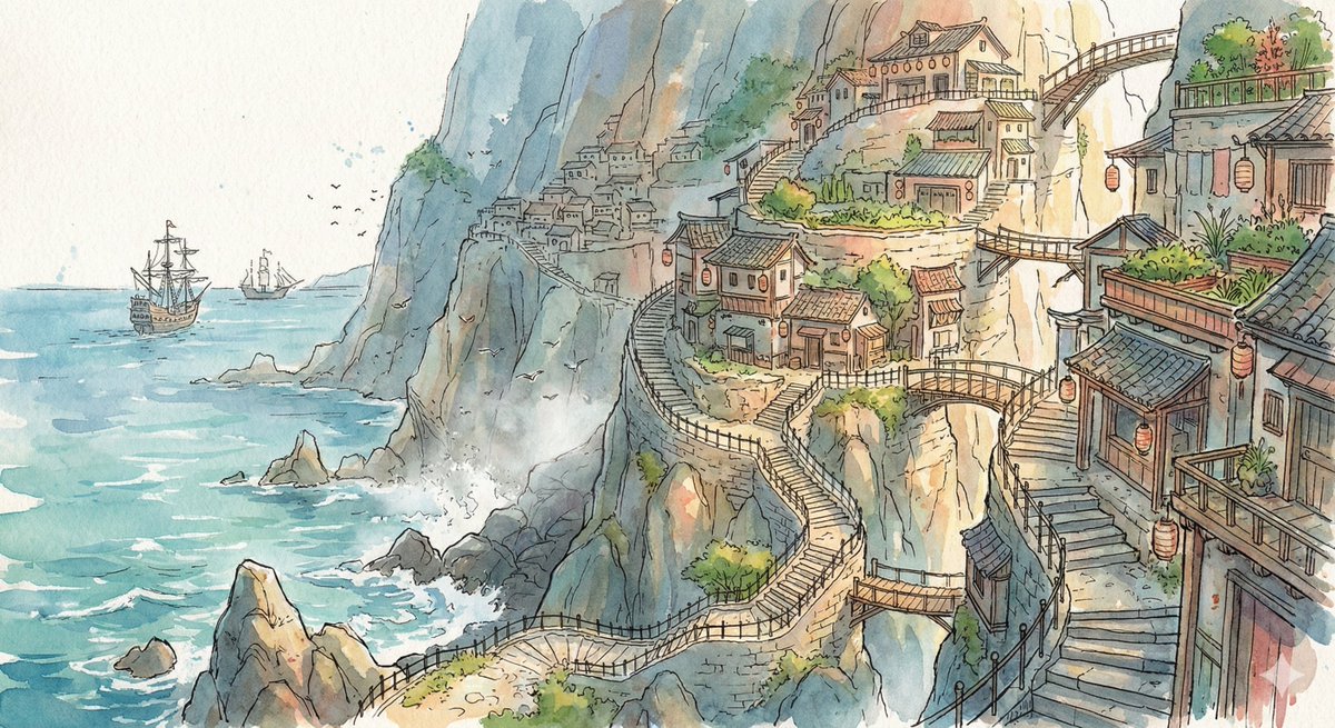 AI Prompt for Watercolor Cliffside Village Illustration with Architecture and Nature Details