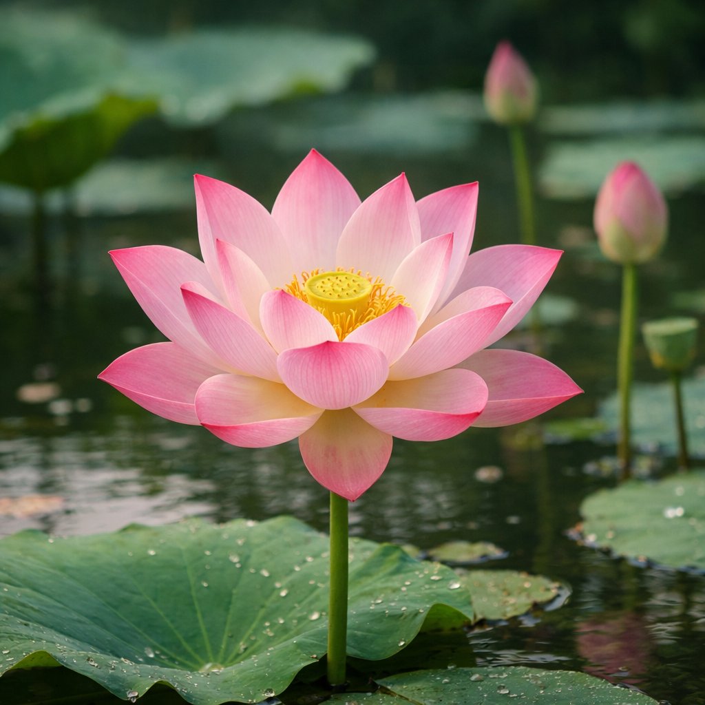 AI Prompt for Watercolor Illustration of Lotus Scene with Rain and Animals