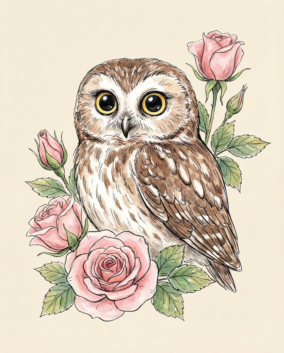 AI Prompt for Watercolor Illustrations of Cute Owls with Pink Roses