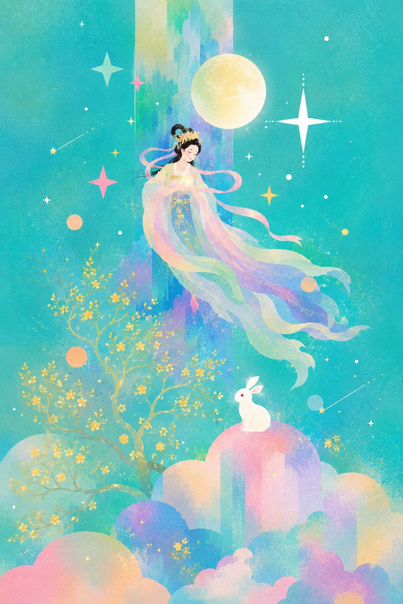 AI Prompt for Watercolor-Style Fantasy Landscape with Floating Moon Goddess