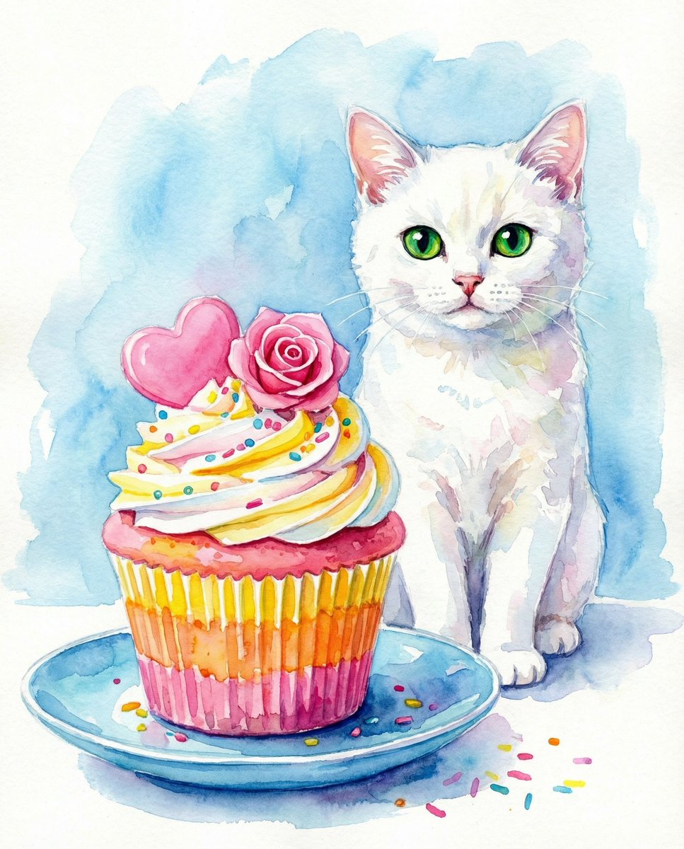 AI Prompt for Watercolor-Style Illustration of Cat and Cupcake
