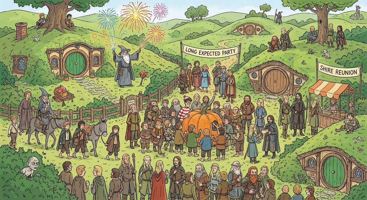AI Prompt for Where's Waldo-Style Lord of the Rings Illustration in the Shire