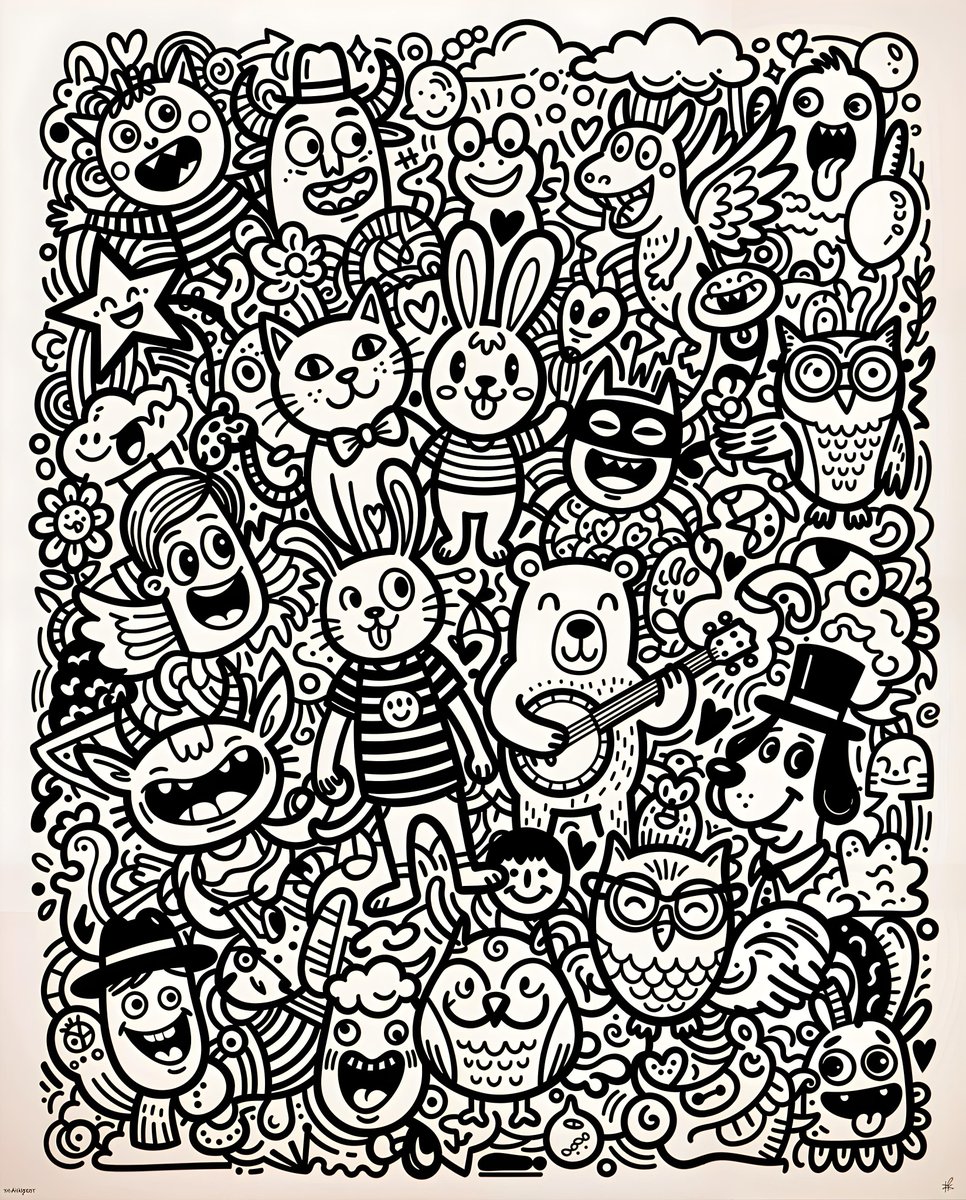 AI Prompt for Whimsical Cartoon Doodle Art: Abstract Figures and Animal Illustrations